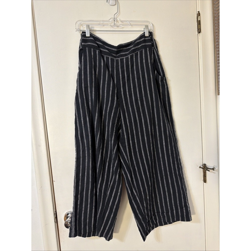 Habitat Clothes To Live In Pants L Womens Cotton Linen Gray Striped Crop Capri